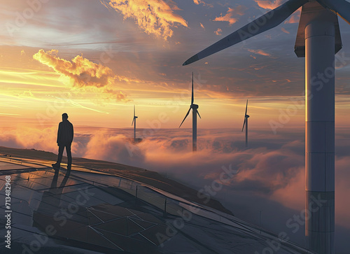 Engineer stands on wind turbine at sunset. Wind farm inspection worker. Green energy.