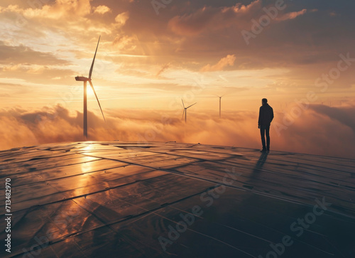 Engineer stands on wind turbine at sunset. Wind farm inspection worker. Green energy.