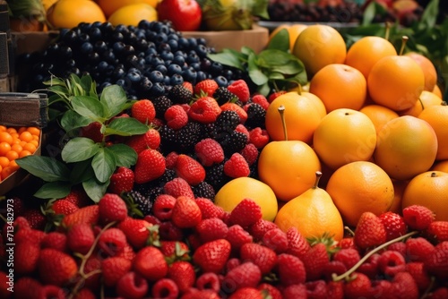  a pile of fruit sitting on top of a pile of oranges  raspberries  and strawberries.