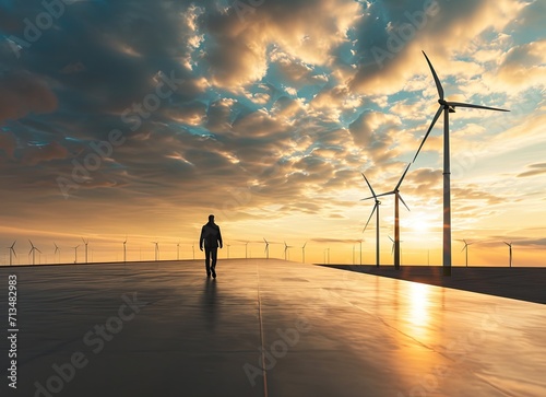 Engineer inspecting wind turbine at sunset. Wind farm inspection worker. Green energy.