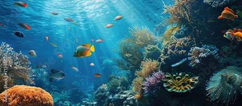 Wallpaper Mural Beneath the ocean s depths lies a plethora of fish each with varying colors sizes and species weaving a vibrant tapestry of marine existence. Copy space image. Place for adding text or design Torontodigital.ca