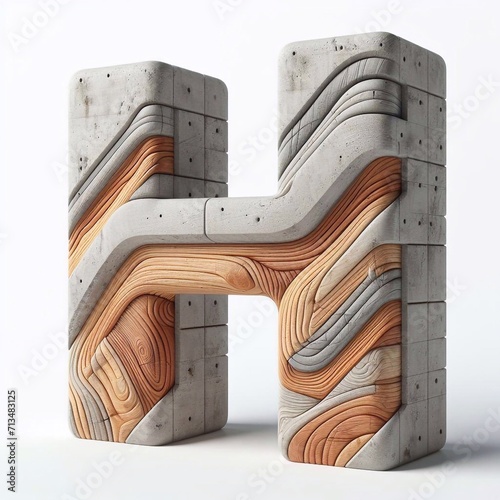 Fototapeta Naklejka Na Ścianę i Meble -  H letter shape created from concrete and wood. AI generated illustration