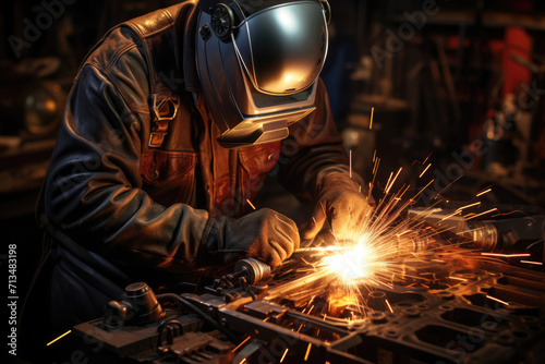 welder in a special uniform and protective mask welds parts at a factory