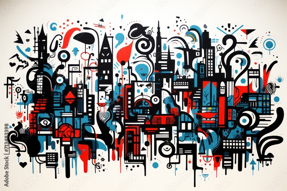 a painting of a city with a lot of buildings and buildings in the middle of the painting is blue, red, black, and white. a painting of a city with a lot of buildings and buildings in the middle of the painting is blue, red, black, and white.