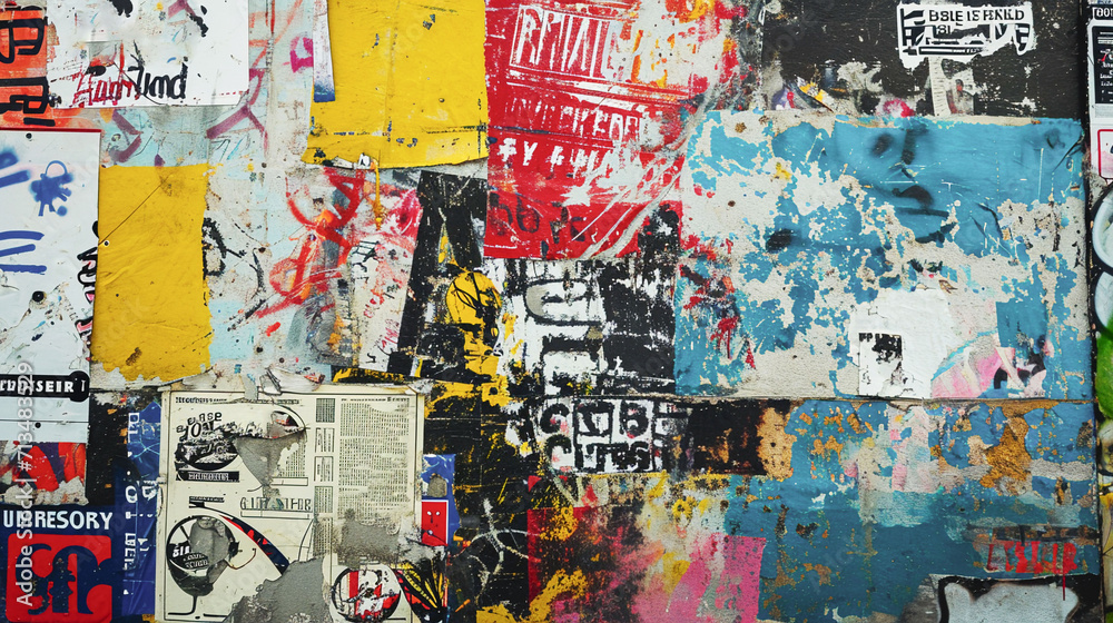 Fototapeta premium Abstract and ripped vintage collage of aged advertisement street Posters, scratched surface