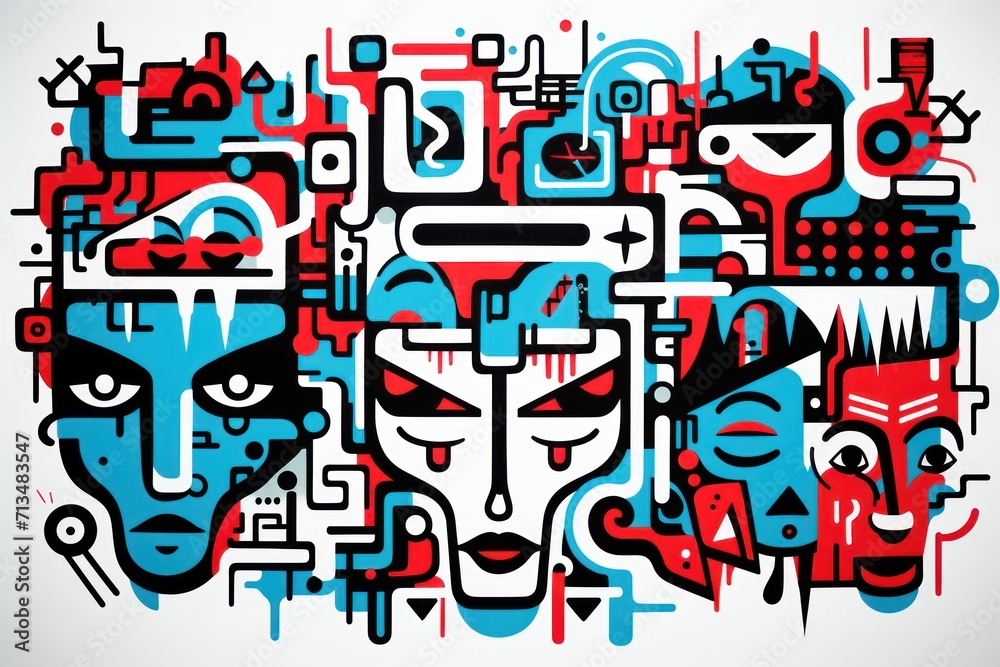  a painting of a group of people with different colors and shapes on a white background with a red, blue, and black design.