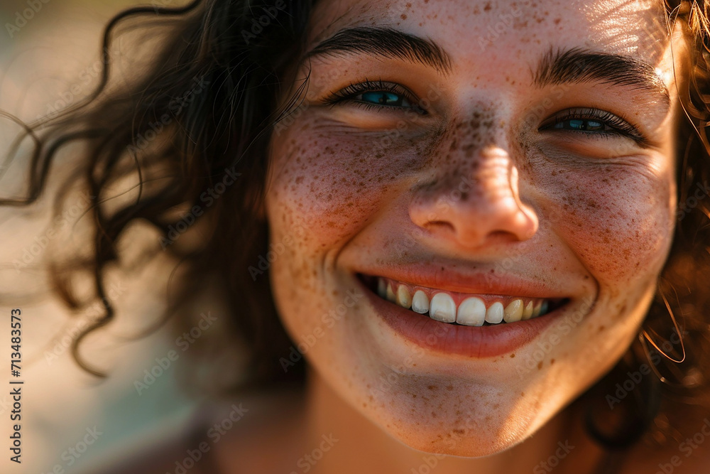 A sunlit, close-range shot of a person with a genuine smile, detailed freckles, and joyous eyes, evoking feelings of happiness and carefree spirit A sunlit, close-range shot of a person with a genuine smile, detailed freckles, and joyous eyes, evoking feelings of happiness and carefree spirit
