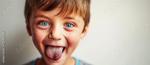 A six year old boy child is being funny and making a bratty face while sticking out his tongue. Copy space image. Place for adding text or design