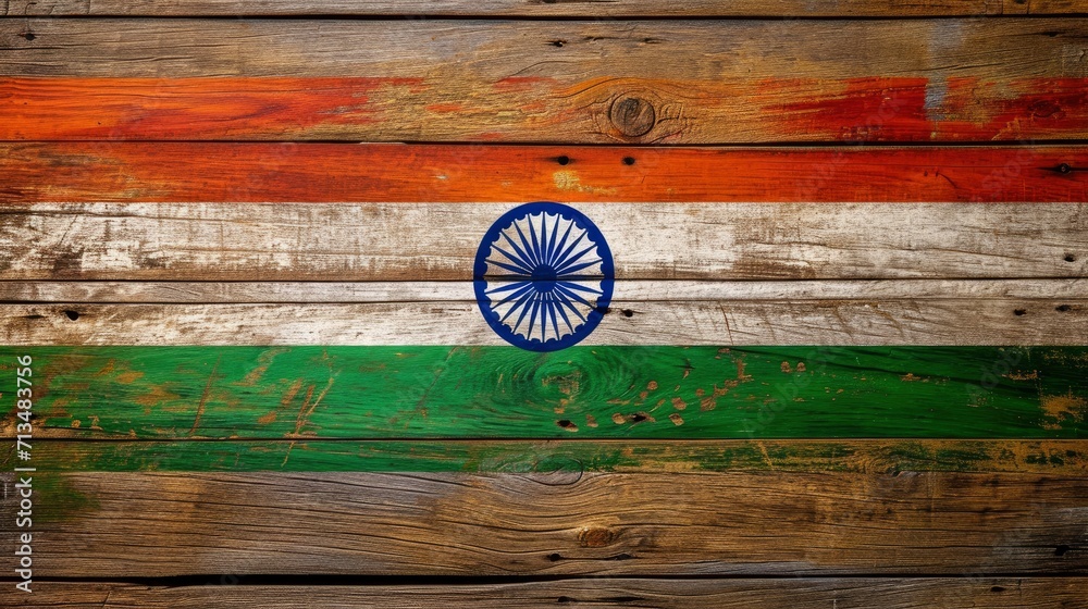 Top view of indian flag on wood texture