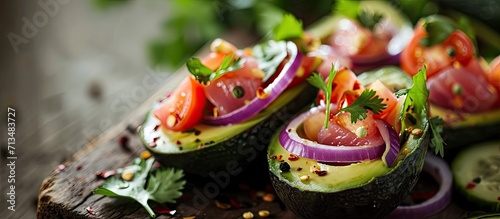 Avocado boats stuffed with tuna red onion and cherry tomatoes. Copy space image. Place for adding text or design