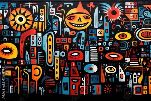  a painting of a city with lots of different colored shapes and sizes and sizes of buildings and buildings, and a sun in the middle of the painting.