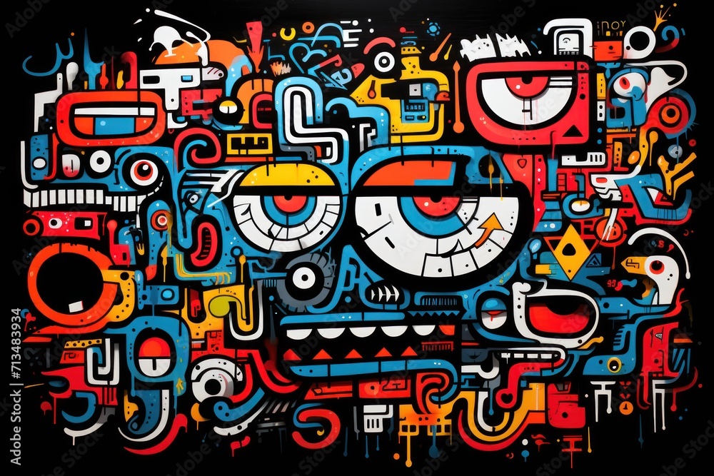  an abstract painting of a face surrounded by many different types of shapes and sizes of objects on a black background.