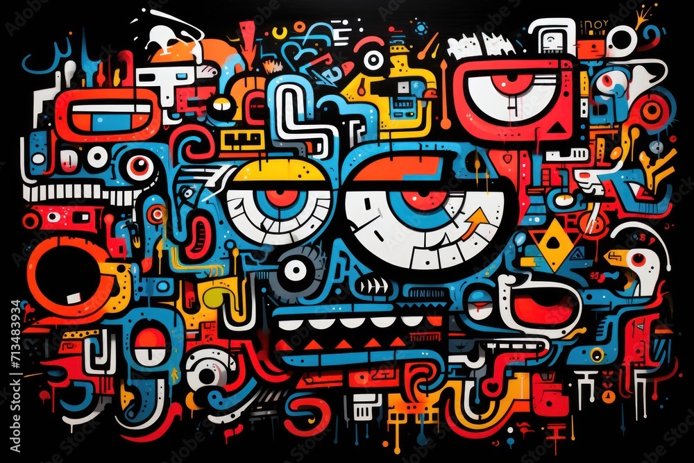 an abstract painting of a face surrounded by many different types of shapes and sizes of objects on a black background. an abstract painting of a face surrounded by many different types of shapes and sizes of objects on a black background.