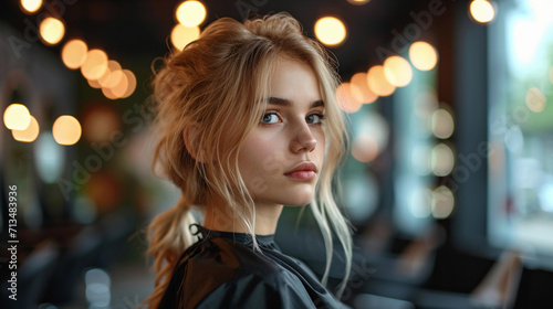 Beautiful blonde woman in hairdresser, close up portrait