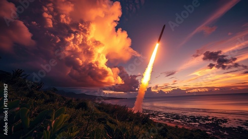 Valokuva launch of a ballistic missile in the evening sky