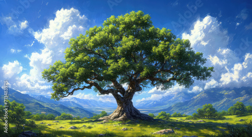 Majestic tree against a landscape.