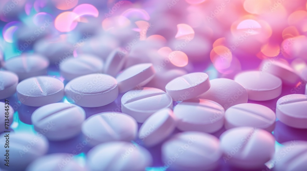 white round pills, top view , pastel bokeh background