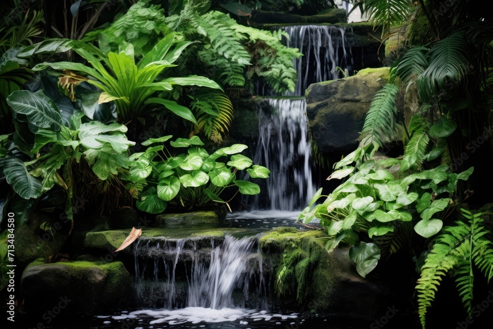 a stream of water surrounded by lush green plants and a lush green forest filled with lots of leafy plants. a stream of water surrounded by lush green plants and a lush green forest filled with lots of leafy plants.