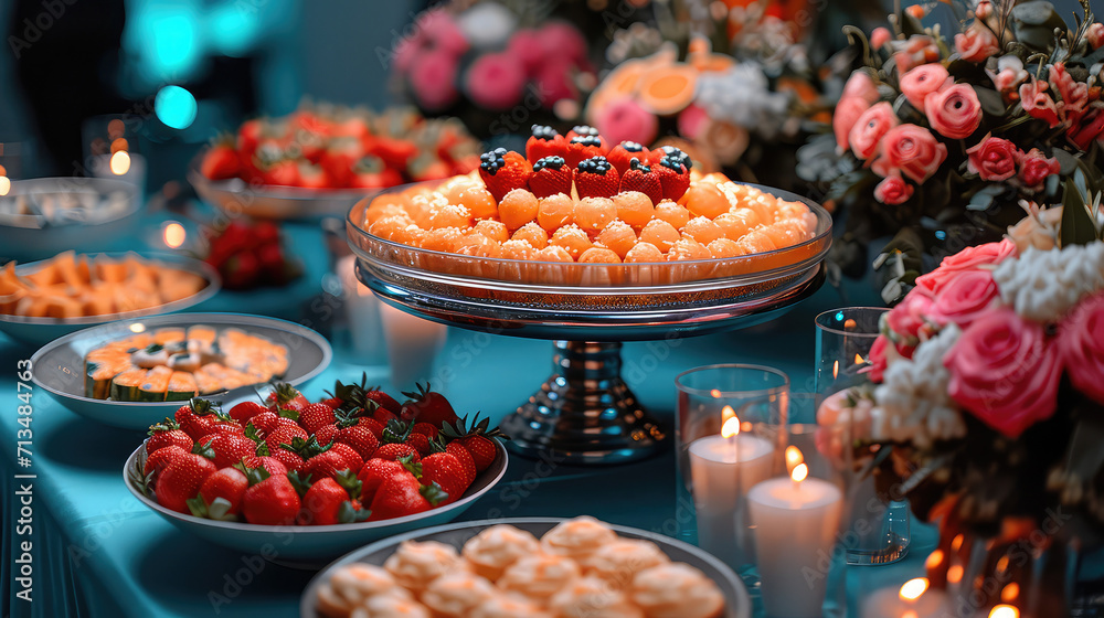 Dessert table with cakes and strawberries at an event. - obrazy, fototapety, plakaty 