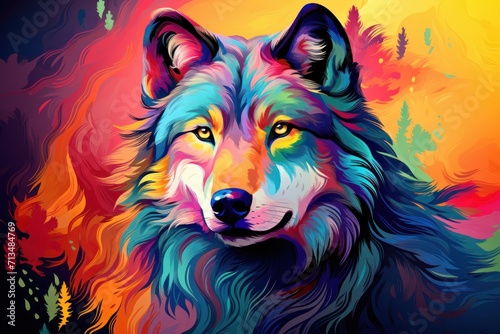  a painting of a wolf's face on a dark background with a colorful sky and trees in the background.