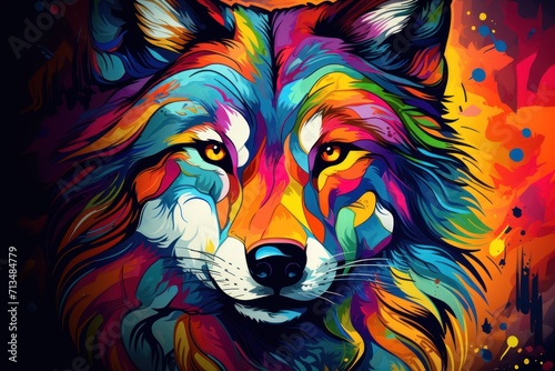  a painting of a wolf's face with colorful paint splatters on the background of a black background.