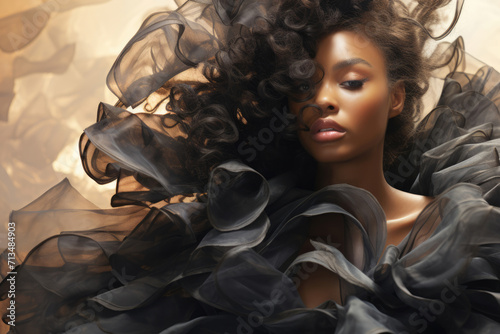 African American young woman in luxury black organza dress