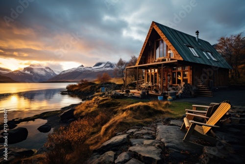  a house on the shore of a lake with mountains in the background and a wooden chair in the foreground.