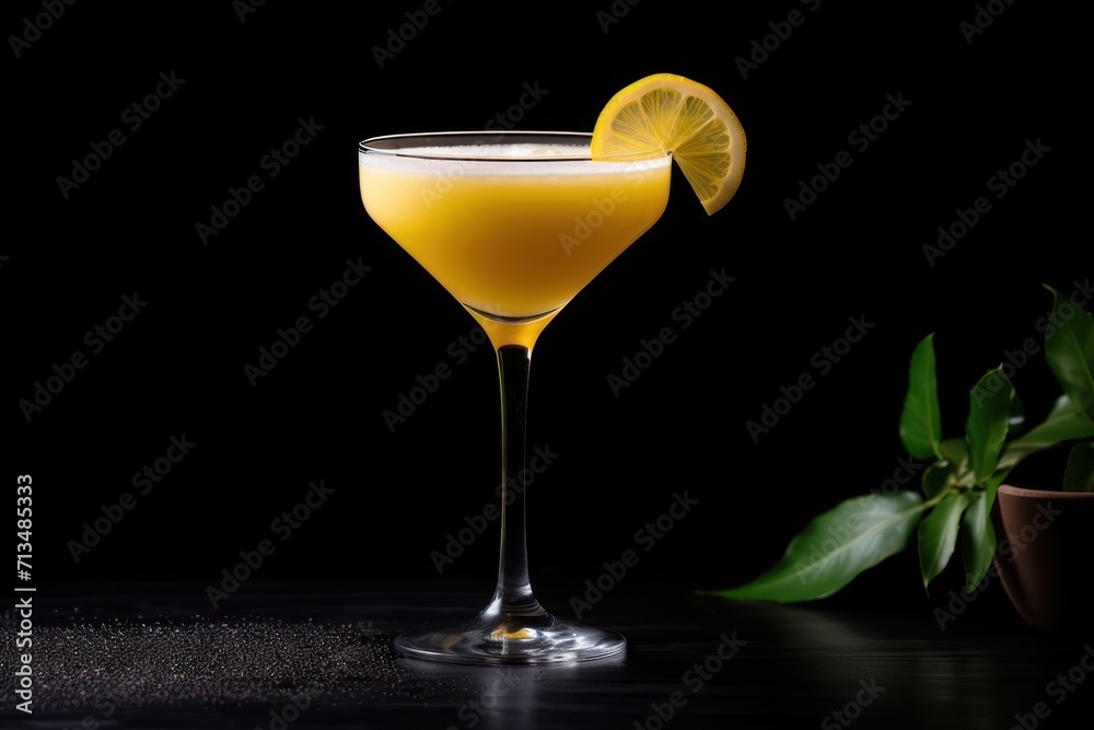  a close up of a drink in a glass with a slice of lemon on the rim and a potted plant in the background.