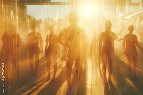  a blurry image of a group of people walking down a street with the sun shining through the window behind them.