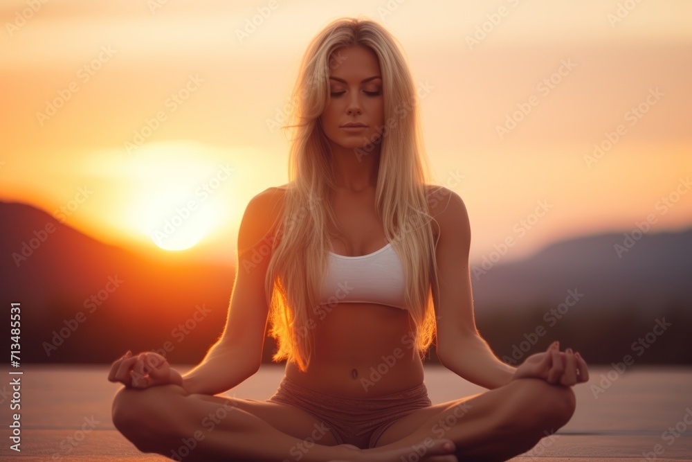  a woman sitting in a lotus position in front of the sun with her eyes closed and hands in the air.