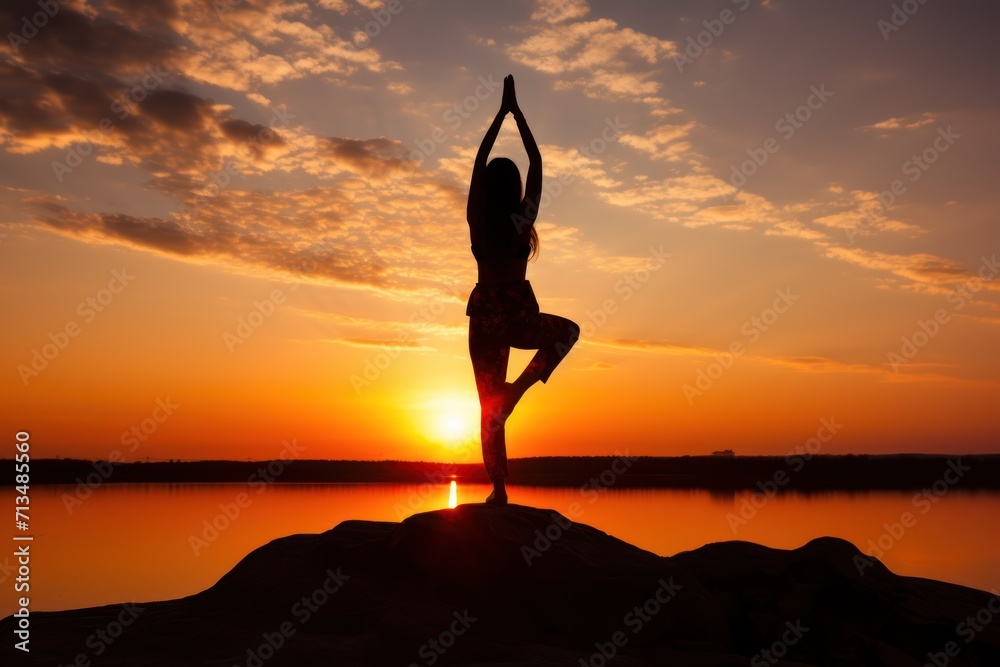  a person doing yoga on a rock in front of a body of water with the sun setting in the background.