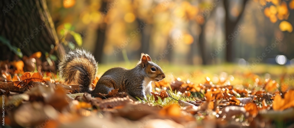 A squirrel sits on the ground in an autumn park Side view. Copy space image. Place for adding text or design A squirrel sits on the ground in an autumn park Side view. Copy space image. Place for adding text or design