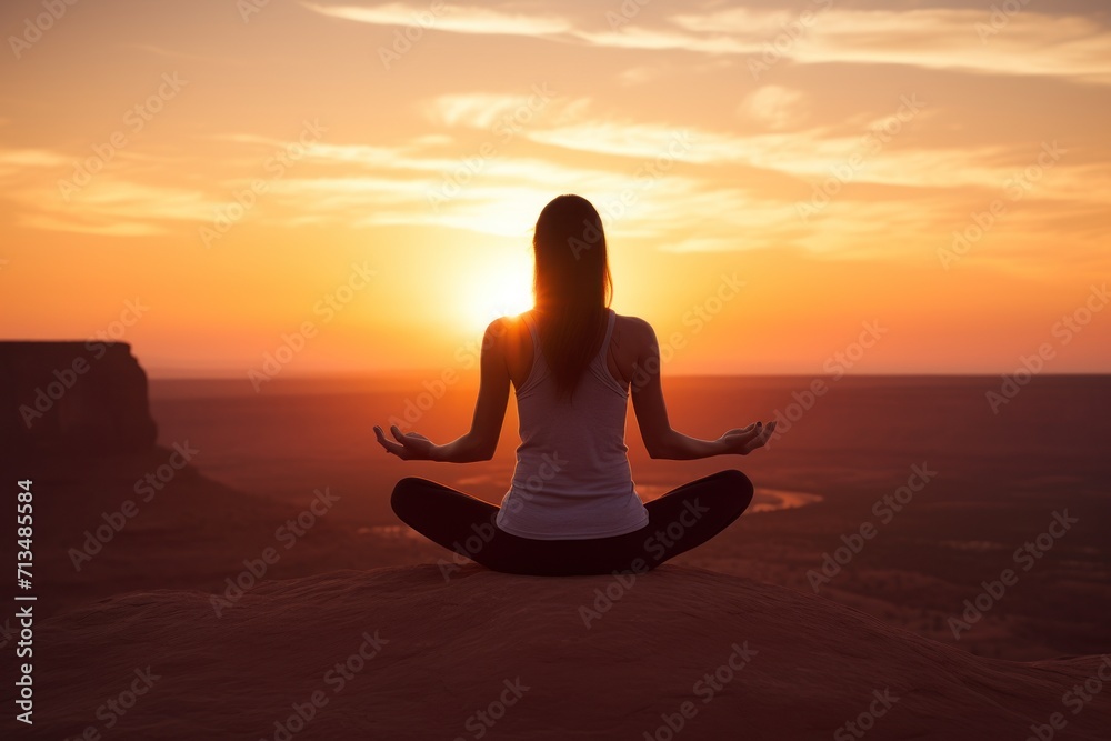 a woman sitting in the middle of a desert with the sun setting behind her and her hands in the air. a woman sitting in the middle of a desert with the sun setting behind her and her hands in the air.