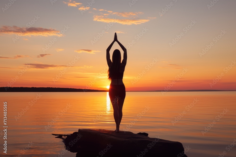  a woman standing on a rock in the middle of a body of water with the sun setting in the background.