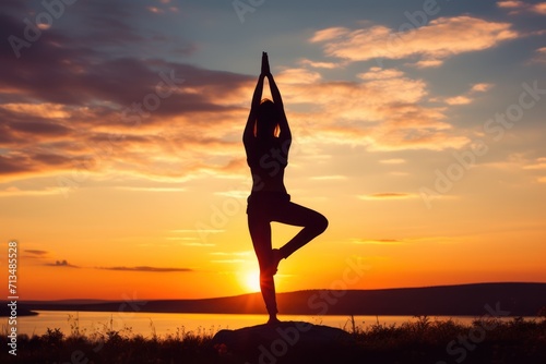  a person doing a yoga pose in front of a sunset with a body of water and mountains in the background.