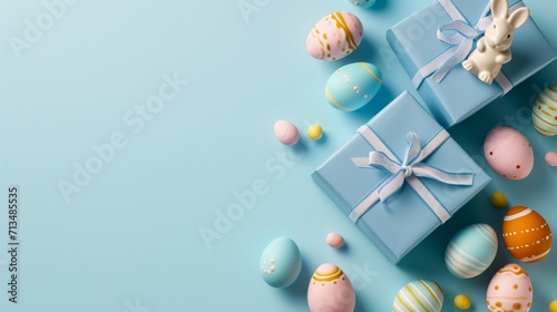 Easter themed arrangement with blue gift box and decorative bunnies on blue background.