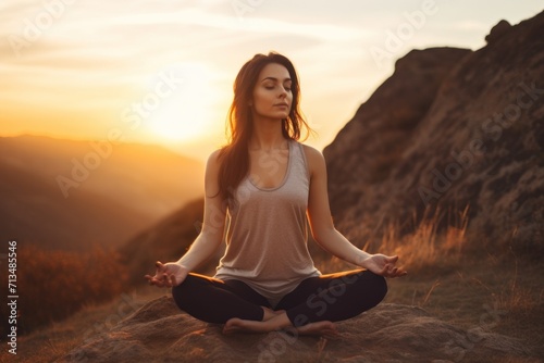  a woman sitting in a yoga position on top of a hill with the sun setting behind her and mountains in the background. © Nadia