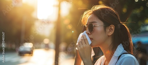 Angry female having sunstroke skin damage from sun UV city air pollution outside on street Overheating Asian beautiful business woman drying sweat her face with cloth in warm summer day hot wea photo