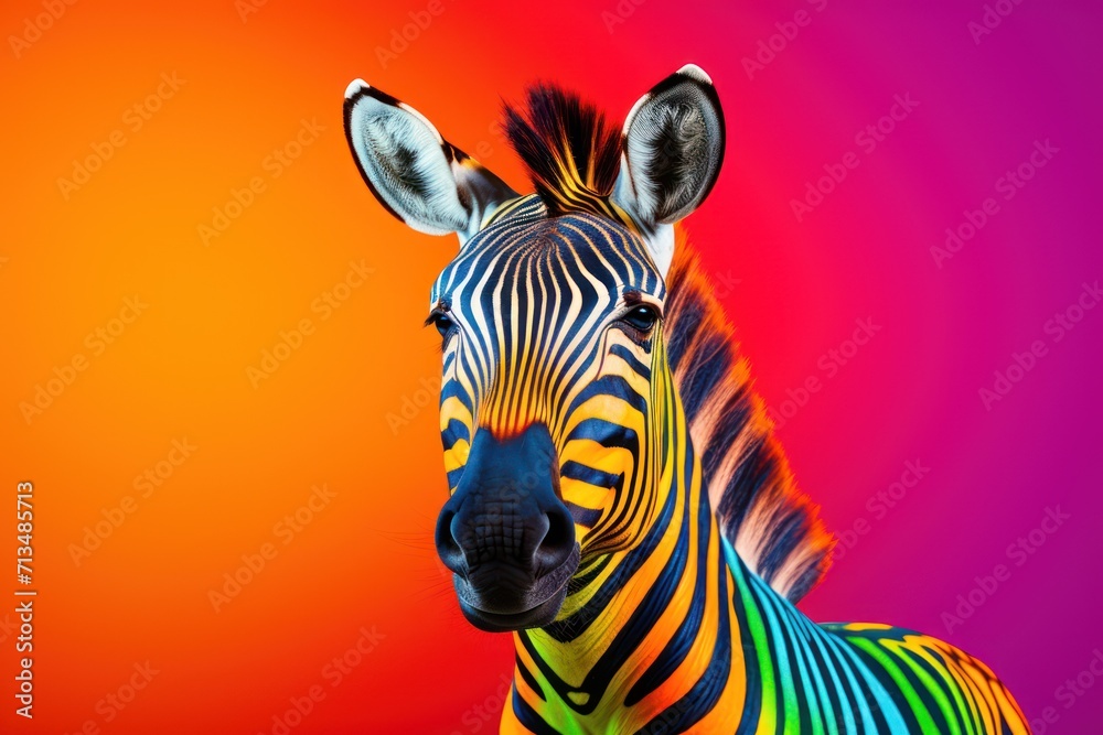  a close up of a zebra's head with a multi - colored background in the background.