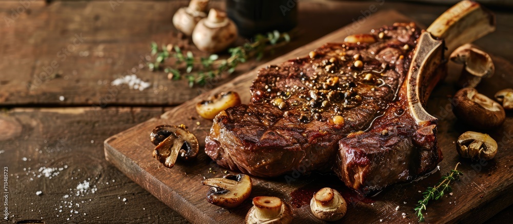 Barbecue Tomahawk Steak with Mushrooms on Cutting Board. Copy space image. Place for adding text or design Barbecue Tomahawk Steak with Mushrooms on Cutting Board. Copy space image. Place for adding text or design