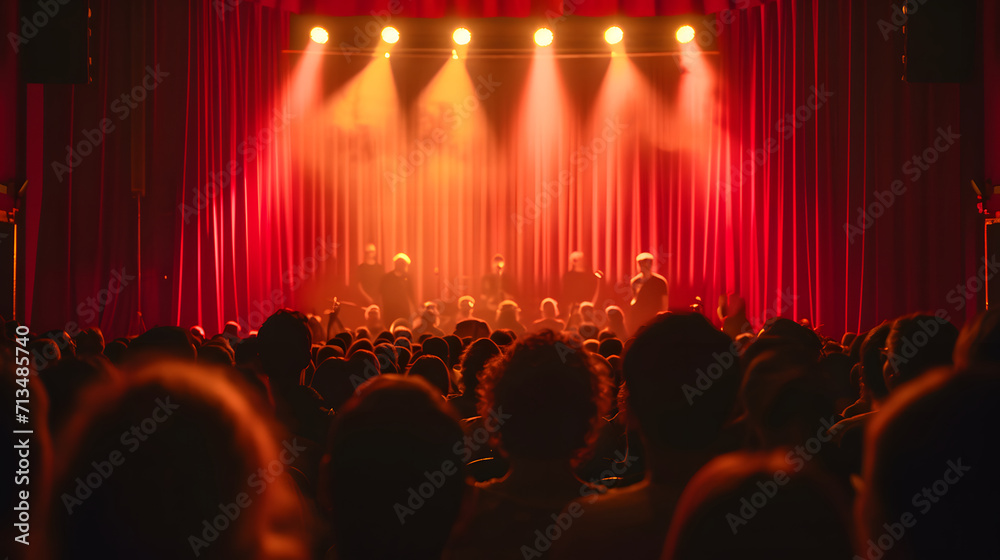 Mini concert school theater with red curtain and stage lights, crowd at concert