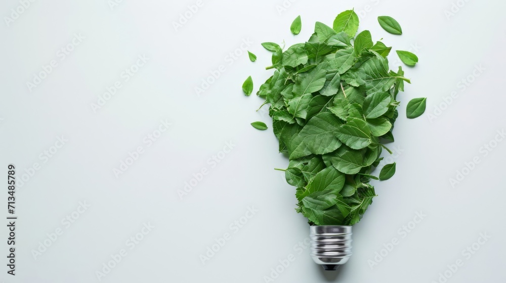 Eco-friendly light bulb with green leaves on white background. Green ecology and renewable energy resources Eco-friendly light bulb with green leaves on white background. Green ecology and renewable energy resources