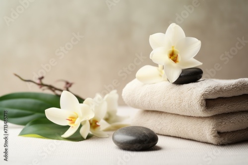  a couple of towels sitting on top of each other next to a couple of flowers and a couple of rocks.