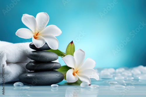  a close up of a person s hand with a flower on top of a pile of black and white rocks.