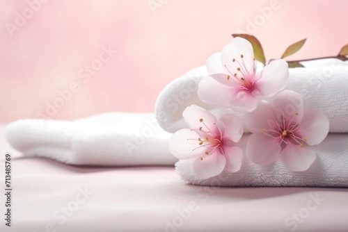  a pair of white towels with pink flowers on them sitting on a white bed with a pink wall in the background.