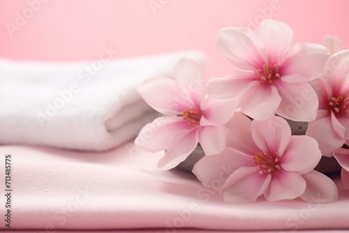  a bunch of pink flowers sitting on top of a white towel on top of a pink table cloth on top of a table.