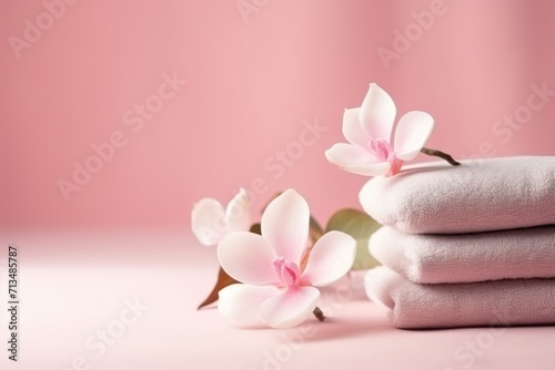  a stack of folded towels with pink flowers on top of them on a light pink surface with a pink wall in the background.