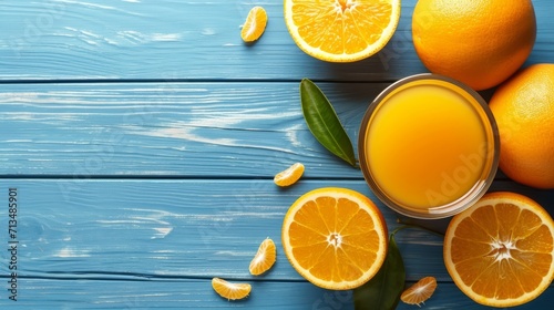 Freshly squeezed orange juice on a rustic blue wooden background.
