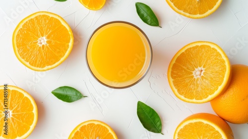 Orange juice with mint and ice on a white background, garnished with a slice of orange.