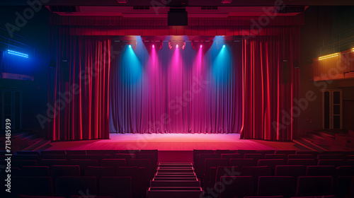 Mini concert school theater with red curtain and stage lights, spotlight on stage